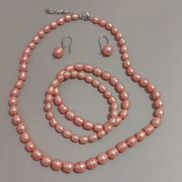 HONORA 925 Sterling Pink Genuine Baroque Pearls Necklace Bracelets  Earrings Set - Picture 1 of 8